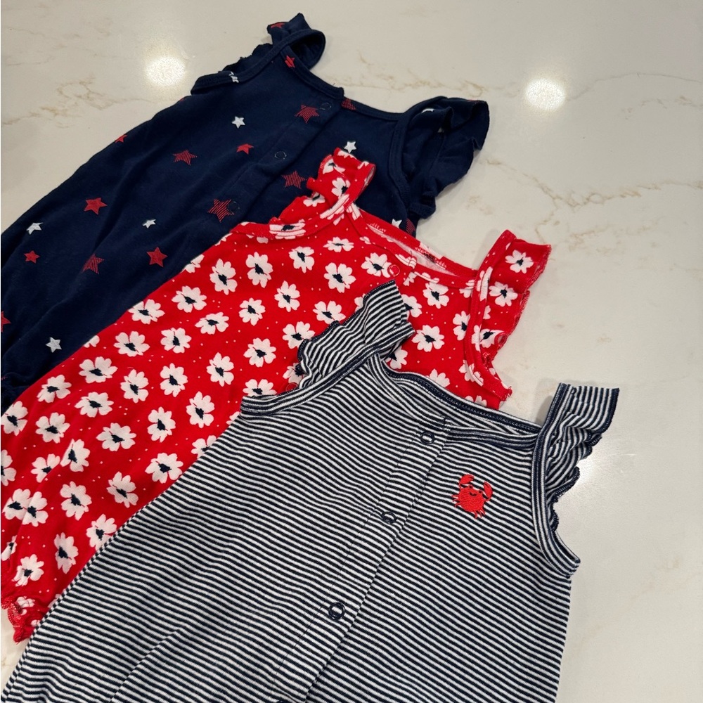 Set of Three Baby Rompers - Navy, Red, and Striped